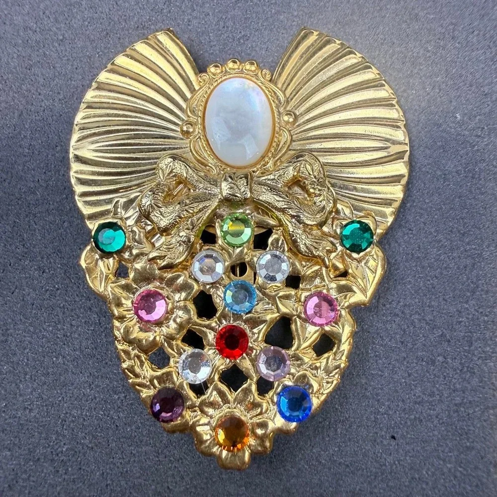Jane Vintage 1999 Rhinestone Brooch Faux Opal Fan Bow Victorian Gold Tone Pin